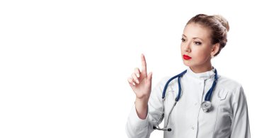 Genç doktor, görünmez bir ekranından metin, izole için boş alan bir sürü parmağını puan