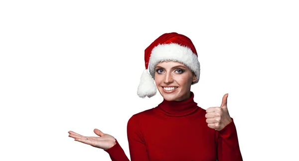 Adorable Lady Santa Hat Holding Something White Background Isolated — Stock Photo, Image