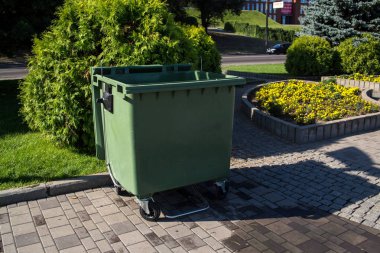 Açık yeşil depo gözünün atık ve çöp şehir sokak yazın çim üzerinde ve flowerbed arka plan üzerinde Kapat
