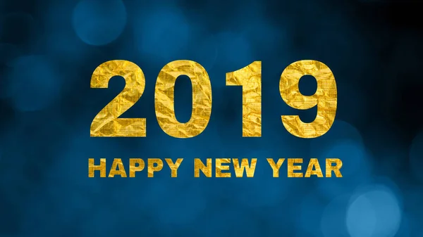 Greeting card Happy New Year 2019. Beautiful holiday web banner with Golden text Happy New Year 2019 on navy blue bokeh background