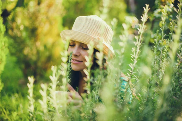 Young Happy Woman Enjoying Smell Rosemary Her Garden — Stock Photo, Image