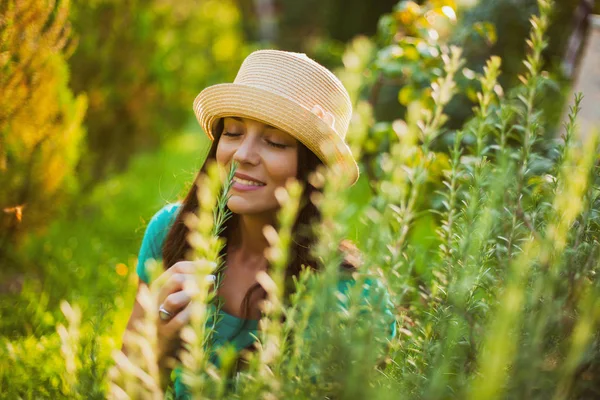 Young Happy Woman Enjoying Smell Rosemary Her Garden — Stock Photo, Image