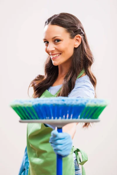 Portret Van Huisvrouw Die Klaar Voor Huishoudelijk Werk — Stockfoto
