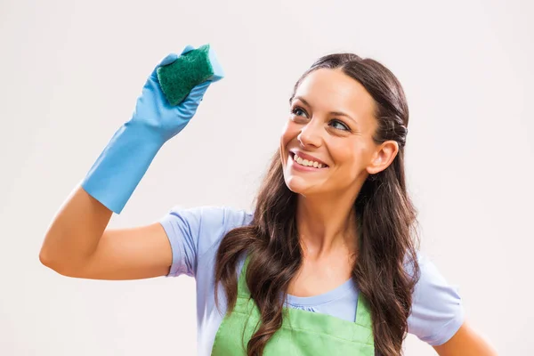 Portret Van Huisvrouw Die Geobsedeerd Met Het Schoonmaken Van — Stockfoto