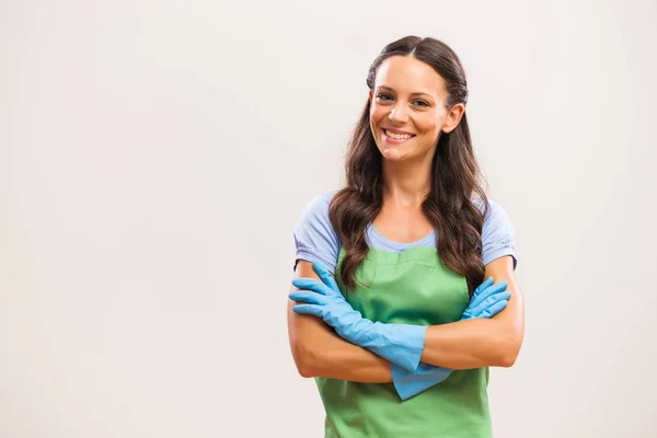 Retrato Dona Casa Que Está Pronta Para Trabalho Doméstico — Fotografia de Stock