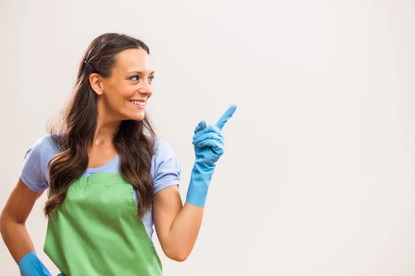 Retrato Dona Casa Que Está Pronta Para Trabalho Doméstico — Fotografia de Stock