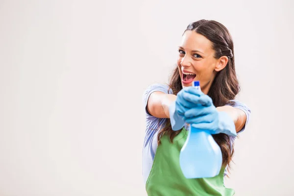 Retrato Dona Casa Que Está Pronta Para Trabalho Doméstico — Fotografia de Stock