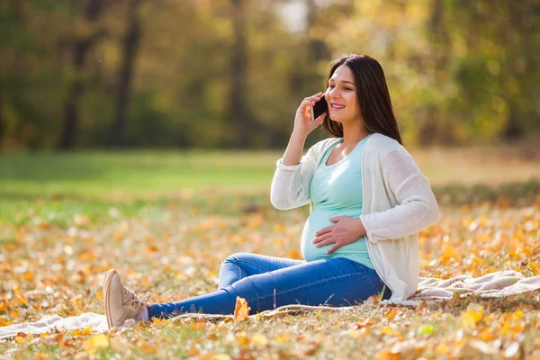 Schwangere Entspannt Sich Park Sie Telefoniert — Stockfoto