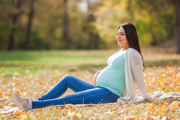 Glücklich Schwangere Frau Entspannt Sich Park — Stockfoto