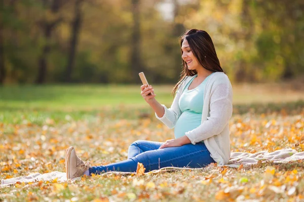 Mulher Grávida Relaxando Parque Ela Está Conversando Smartphone — Fotografia de Stock