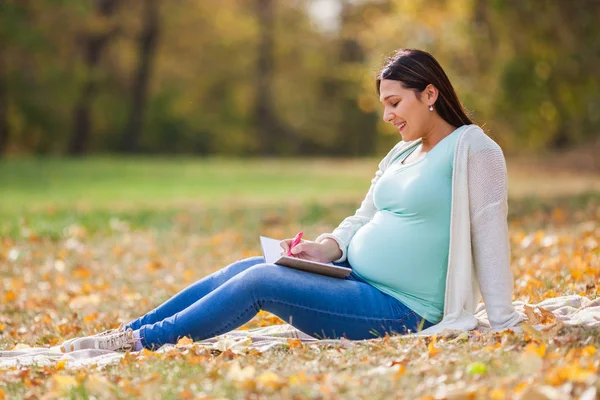 Schwangere Entspannt Sich Park Sie Schreibt Zur Liste — Stockfoto