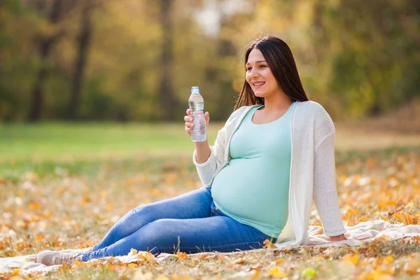Schwangere Entspannt Sich Park Sie Trinkt Wasser — Stockfoto