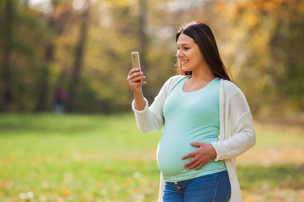 Schwangere Entspannt Sich Park Sie Chattet Auf Dem Smartphone — Stockfoto