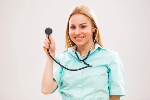 Portrait Young Nurse Who Holding Stethoscope — Stock Photo, Image