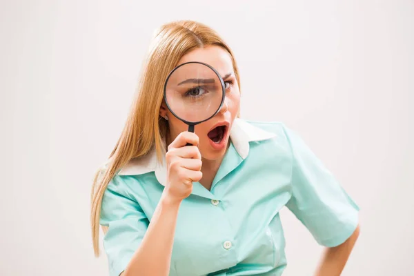 Young Excited Nurse Looking Loupe — Stock Photo, Image