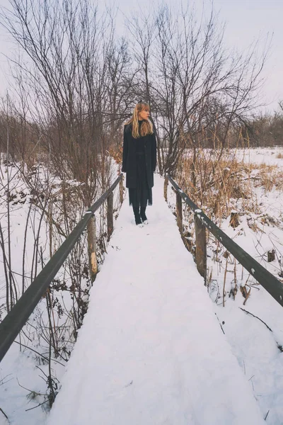 Donna Solitaria Che Cammina Nel Parco Inverno — Foto Stock