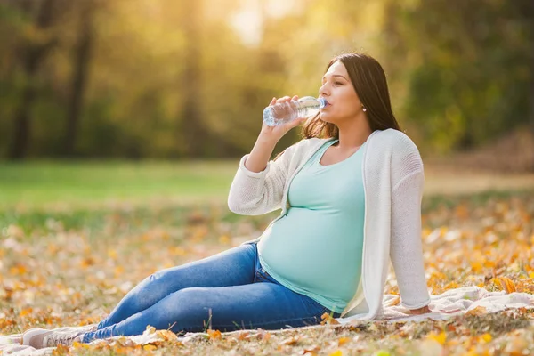 Schwangere Entspannt Sich Park Sie Trinkt Wasser — Stockfoto
