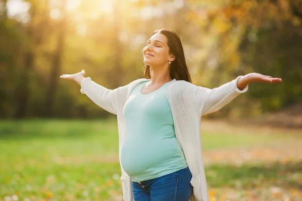 Glücklich Schwangere Frau Entspannt Sich Park — Stockfoto
