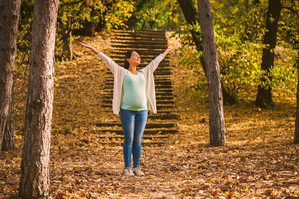 Feliz Mujer Embarazada Relaja Parque — Foto de Stock