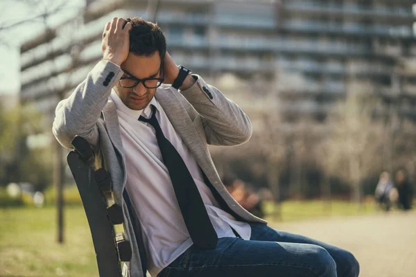 Young Businessman Sitting Park Being Fired Stressed — Stock Photo, Image