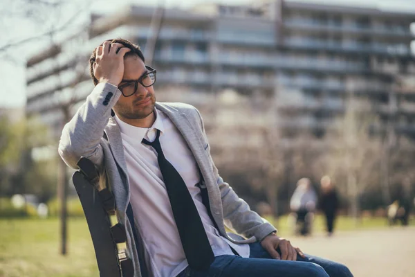 Young Businessman Very Tired Relaxing Park — Stock Photo, Image