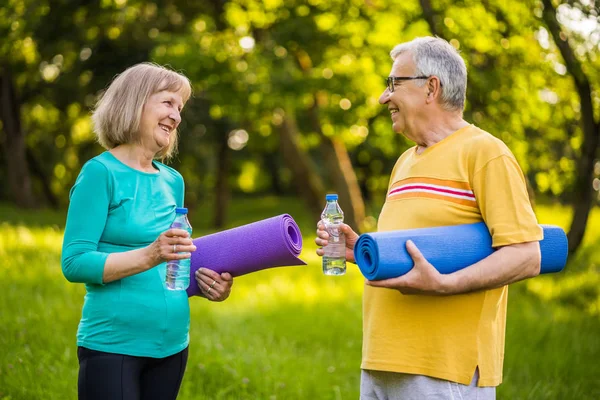 Feliz Pareja Ancianos Está Listo Para Hacer Ejercicio Parque — Foto de Stock