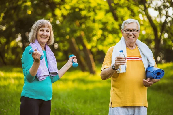 Feliz Pareja Ancianos Está Listo Para Hacer Ejercicio Parque — Foto de Stock