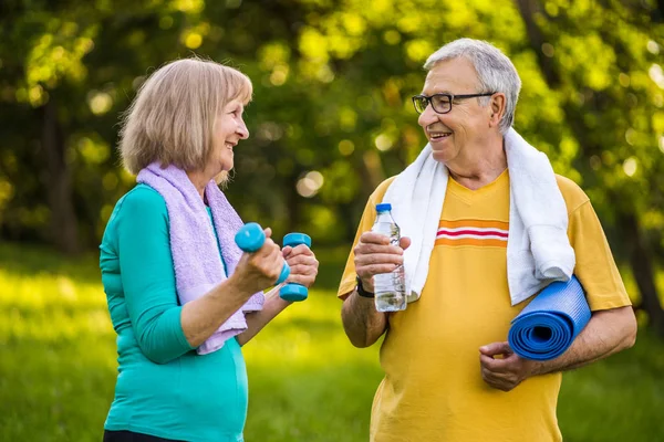 Feliz Pareja Ancianos Está Listo Para Hacer Ejercicio Parque — Foto de Stock