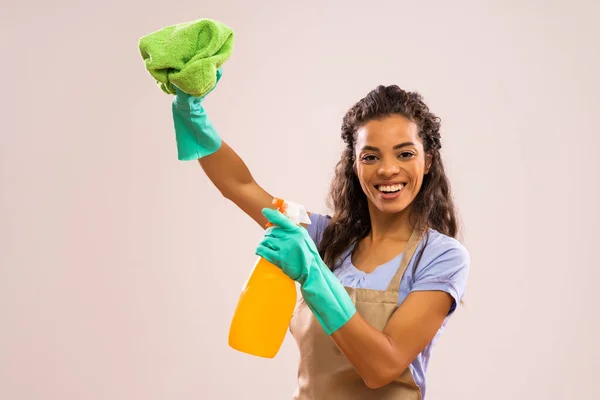 Portrait Happy Successful African American Housewife Who Ready Housework — Stock Photo, Image