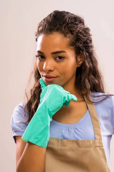 Portrait African American Housewife Who Ready Housework — Stock Photo, Image