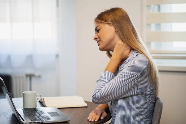 Young Modern Woman Working Home She Having Pain Neck — Stock Photo, Image