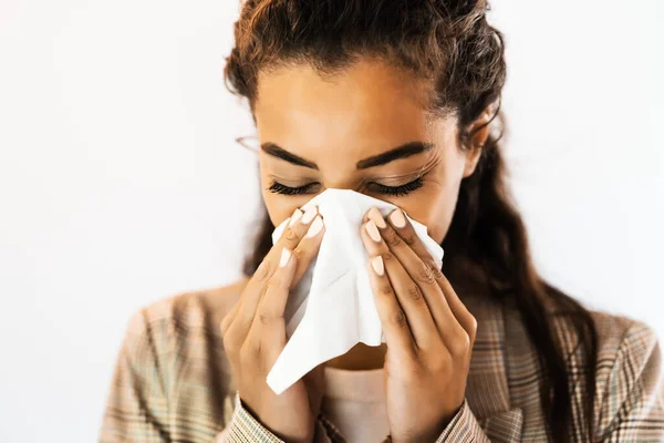 Portrait African American Woman Who Has Allergy Problem She Blowing — Stock Photo, Image