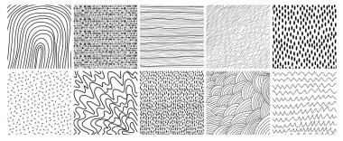 El çizimi geometrik desenler ve dokular. Çizgileri ve lekeleri olan şirin minimalist dokular. Tek renkli grafik tasarım elemanları ve dekoratif arkaplanlar