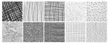 El çizimi geometrik desenler ve dokular. Çizgileri ve lekeleri olan şirin minimalist dokular. Tek renkli grafik tasarım elemanları ve dekoratif arkaplanlar