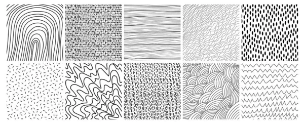 El çizimi geometrik desenler ve dokular. Çizgileri ve lekeleri olan şirin minimalist dokular. Tek renkli grafik tasarım elemanları ve dekoratif arkaplanlar