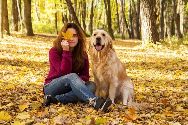 Schöne Frau mit Golden Retriever-Hund im Herbstpark — Stockfoto