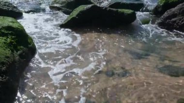 Dalgalar Portekiz 'de bir plajda kırılıyor