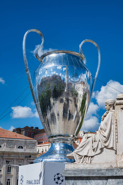 Lisbon, Portugal. 15 August 2020. View of the Chapions League trophy  ballon replica in downtown Lisbon
