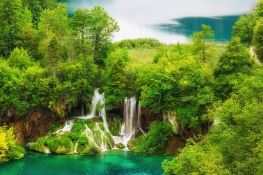 Plitvice Gölleri Milli Parkı şaşırtıcı zümrüt göller ve şelaleler Hırvatistan, Doğa arka plan duvar kağıdı ya da rehber kitap için uygun ormanlarda çevrili,