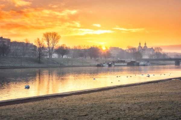 Fiery Sunrise Old Town Krakow Panoramic View Riverside Vistula Wisla — Stock Photo, Image