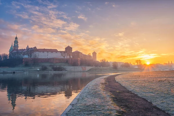 Μεσαιωνικό Βασιλικό Κάστρο Wawel Κρακοβία Αντανάκλαση Στον Ποταμό Βιστούλα Βίσλα — Φωτογραφία Αρχείου