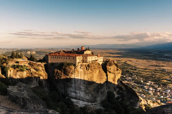 Mosteiro Rocha Alta Meteora Por Sol Com Vista Panorâmica Vale — Fotografia de Stock