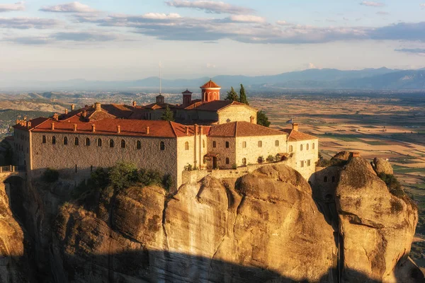 Mosteiro Rocha Alta Meteora Por Sol Com Vista Panorâmica Vale — Fotografia de Stock