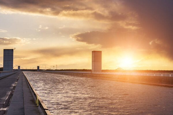 Magdeburg Water Bridge, across river Elbe-Havel Canal, stunning engineering construction at sunset light, Saxony, Germany