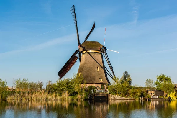 Szélmalom Kinderdijk Gyönyörű Táj Fák Tükörképét Vízben Hollandia — Stock Fotó