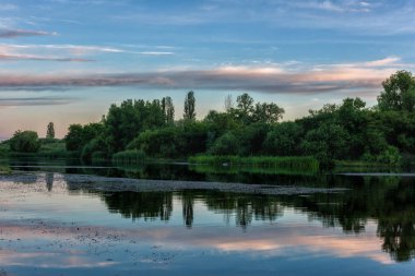 Gölün mavi bulutlu gökyüzü, yeşil ağaçlar ve baston, suda - renkli arka plan, duvar kağıdı için uygun yansıma üzerinde Alacakaranlık