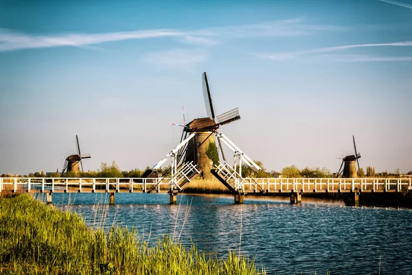 Piękny Krajobraz Holenderskie Wiatraki Błękitne Niebo Woda Kinderdijk Holandia — Zdjęcie stockowe