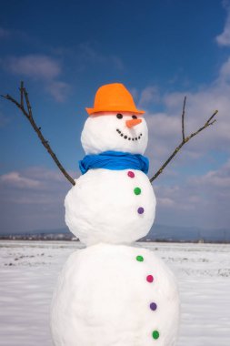 Kardan adam gülümseyen güneşli gün, mutlu kış konsepti, dikey görüntü Cute