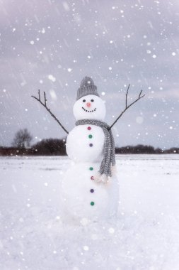 Kardan adam kar yağışı, mutlu kış konsepti, dikey görüntü gülümseyen şirin