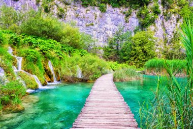 Turistik güzergah üzerinde ahşap döşeme ünlü Plitvice Gölleri Milli Parkı'nda inanılmaz renkli su, yeşil ve şelaleler, rehber kitap veya poster için doğa arka plan arasında
